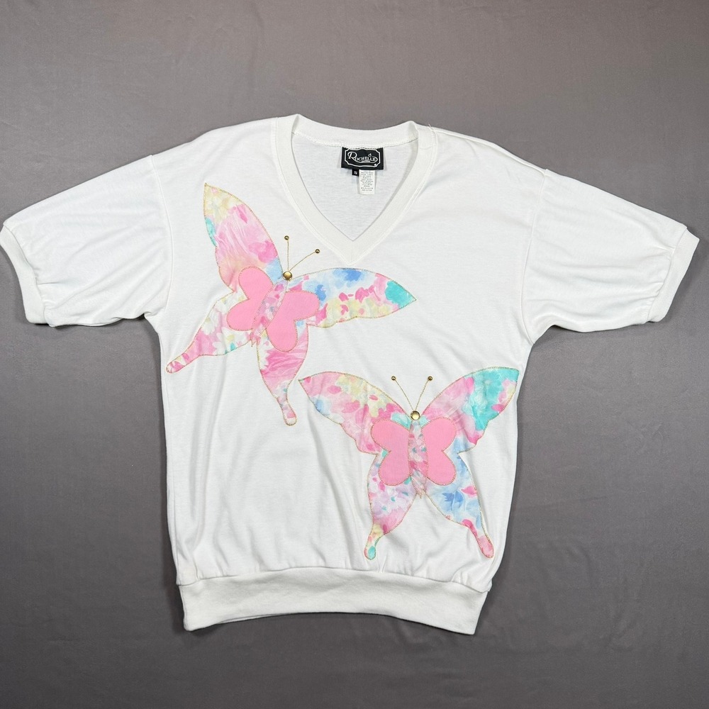 Vintage Rochelle California White Butterfly Applique V-Neck Top Womens Small